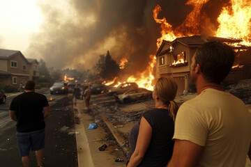 Couple watching burning houses in california wildfire disaster