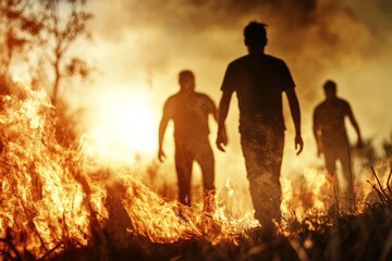 Firefighters walking away from wildfire in california at sunset