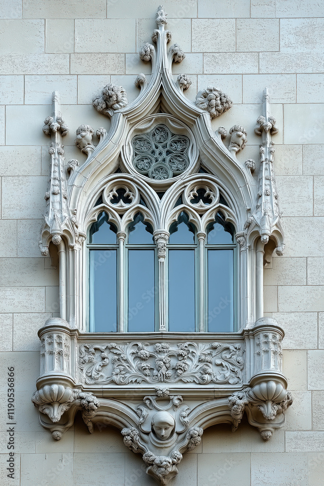Poster a closeup image of a gothic window. intricate details. created with generative ai technology