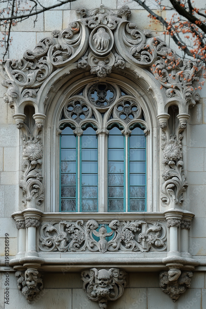 Poster a closeup image of a gothic window. intricate details. created with generative ai technology