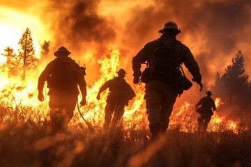 Obraz premium Firefighters running from wildfire in california forest