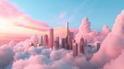 Fototapeta premium Fantastic Frontiers: A surreal glowing city nestled in ethereal clouds with vibrant pink and blue tones.