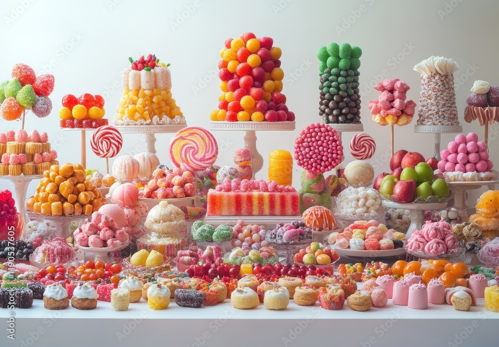 Poster vibrant display of colorful sweets and confectioneries in various shapes and textures, perfect for c