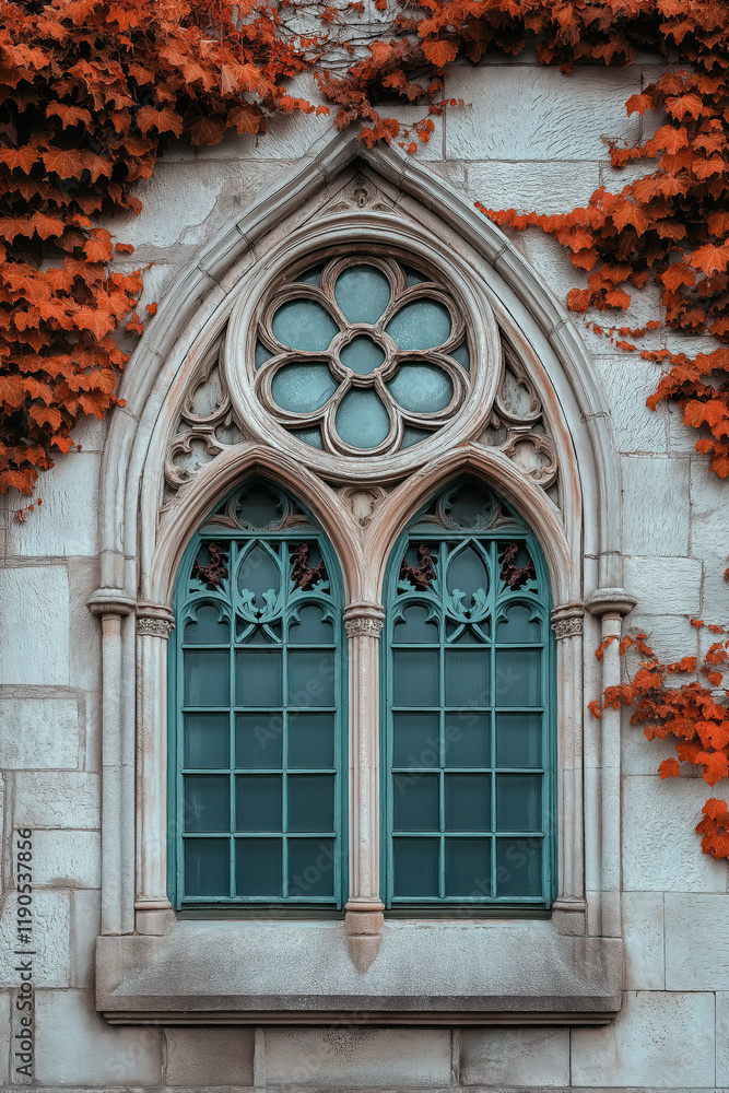 Poster a closeup image of a gothic window. intricate details. created with generative ai technology