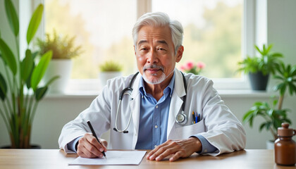 Fototapeta premium Elderly Asian physician signing prescriptions in serene office, healing