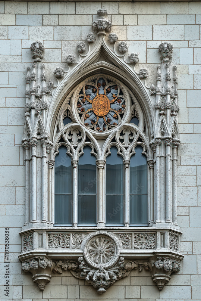 Poster a closeup image of a gothic window. intricate details. created with generative ai technology