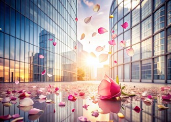 Delicate Rose Petals Falling on Modern Architectural Lines