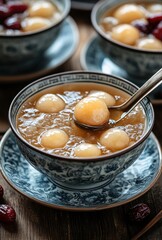 Warm Dessert with Glutinous Rice Balls in Sweet Syrup Served in Traditional Blue and White Chinese Bowls on a Rustic Wooden Table