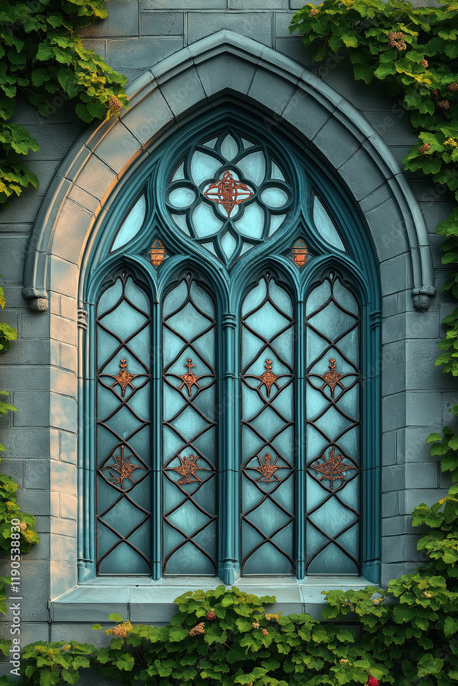 Poster a closeup image of a gothic window. intricate details. created with generative ai technology