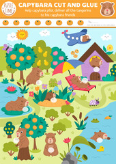 Obraz premium Vector capybara cut and glue activity. Crafting game with summer landscape, cute animals, tangerines. Fun printable worksheet for children. Find the right piece of the puzzle. Complete picture
