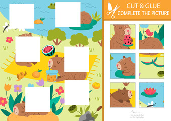 Fototapeta premium Vector capybara cut and glue activity. Crafting game with cute animals and summer nature landscape. Fill up scene with square sticker. Find the right piece of puzzle. Complete the picture