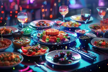 A futuristic take on an iftar gathering with a glowing table and brightly lit dishes, A futuristic interpretation of an iftar gathering with AI-generated dishes