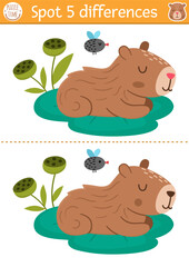 Find differences game for children. Capybara educational activity with cute animal sitting on water lily pad. Puzzle for kids with capibara. Printable worksheet or page for logic, attention