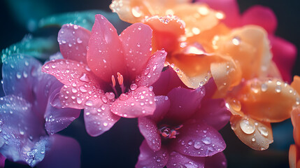 
Close-up of a colorful bouquet of fresh flowers with dew drops