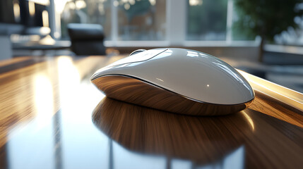 Close-up of a computer mouse on a sleek wooden desk