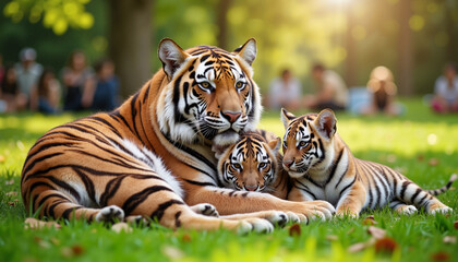 Fototapeta premium Tigers cuddling with cubs in soft grassy den, warmth and tenderness