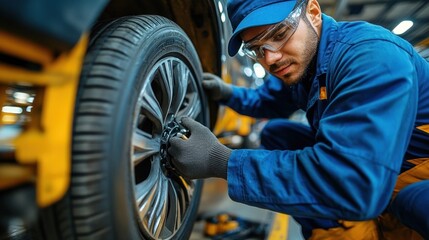 Mechanic changing tire, tightening lug nuts.