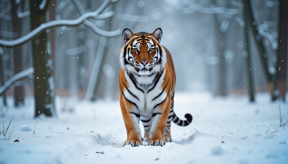 Fototapeta premium Solitary tiger walking through snowy forest, resilience in nature