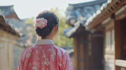 Fototapeta premium Back view of korean asian woman in traditional korean dress or hanbok dress walking in old palace in night with full moon, Seoul city, South Korea,copy space.