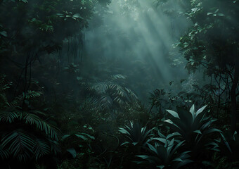 Fototapeta premium Lush Tropical Foliage with Sunlight Filtering Through in a Mystical Rainforest
