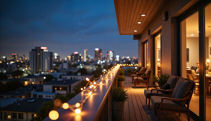 Cozy urban balcony with fairy lights at night, city escape ambiance