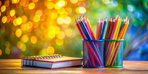 Back to School Bokeh Background: Colorful Supplies & Copy Space for Greetings