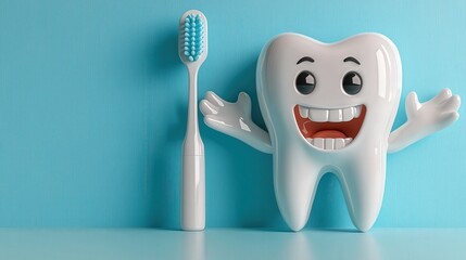 Cute cartoon tooth character is holding up one hand and smiling while standing next to the other hand, which is set against an oversized, clean blue background. Dental advertising campaign.