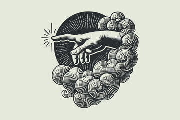 Engraved vintage illustration of God's hand pointing from clouds, vector
