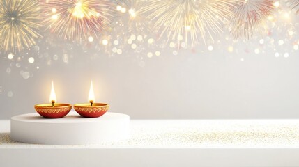 Banner design for diwali festival and podium,Diwali light decoration candle with fireworks,Stage,Product display Showcase design sparkle background,Deepavali,Dipavali,3D podium illustration.