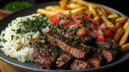 Sizzling Steak with Rice, French Fries, and Pico de Gallo