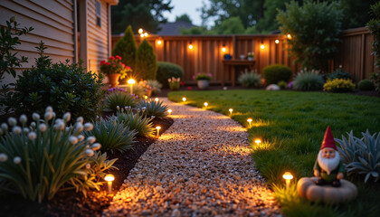 Obraz premium Enchanting garden pathway illuminated by fairy lights at dusk, serenity