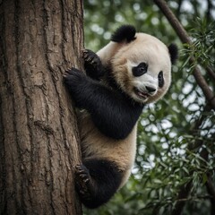 Obraz premium A baby panda trying to climb a tree but failing.