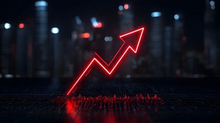 Dynamic Red Arrow Rising Over a Futuristic City Skyline Displaying Growth and Investment Potential. Economic Risk, Financial, Impact Concept