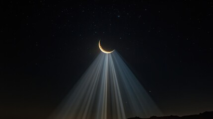 The crescent moon glowing amidst supernatural beams, stars forming radiant patterns across the heavens