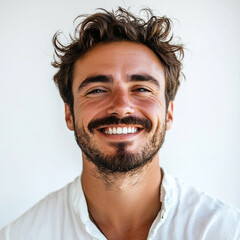 Fototapeta premium Smiling man with curly hair, wearing white shirt, isolated background