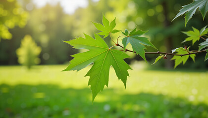 Vibrant maple sapling with fresh leaves in spring garden, nature's renewal