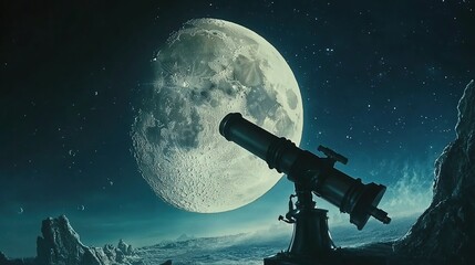 Fototapeta premium Telescope silhouetted against a large moon and starry night sky.