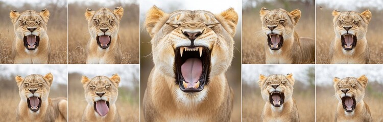 A muted color shot of an adult lioness, arranged in a grid of nine images