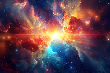 Naklejka premium Colorful cosmic explosion with vibrant nebulae and glowing starburst