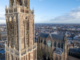 Aerial drone photo of the dom tower in the city center of Utrecht, the Netherlands. © Robin