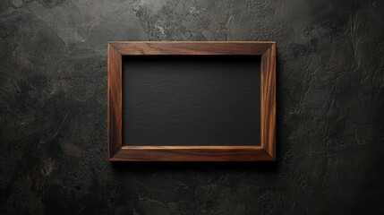 A dark textured backdrop enhances a rustic wooden frame, empty and waiting for creativity. Its simplicity highlights the potential for personal expression and artful inspiration.