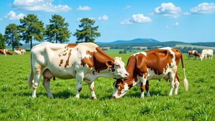 Obraz premium Two spotted cows gaze at each other in a lush green field, capturing an intimate, serene moment under the open sky. One boasts a distinctive pink nose