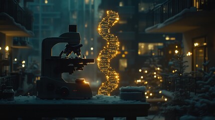 Microscope, DNA helix, winter cityscape, glowing lights, research, science.