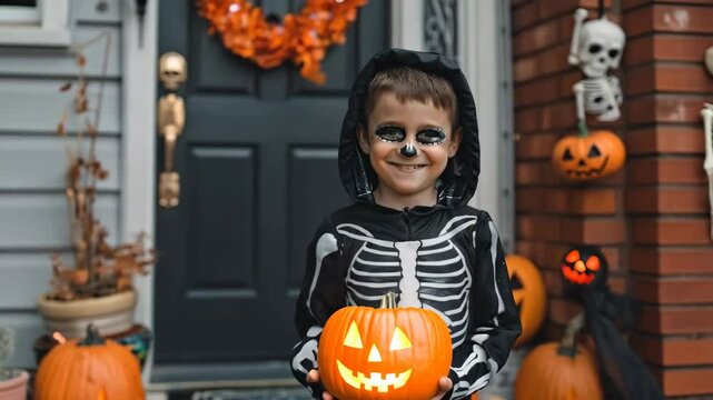little boy in sceleton costume standing near the front door of house with halloween decorations, trick or treat concept