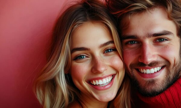 Young man greeting his girlfriend for Valentine's Day on color background