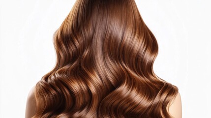 Naklejka premium Beautiful model girl with Brown hair strand,silky healthy chestnut wavy hair strand,hair wavy ribbon, with smooth,Keratin straightening,Treatment,straight long hair,procedures,Smooth hairstyle.