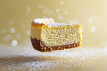 Falling cheesecake on solid background color light yellow