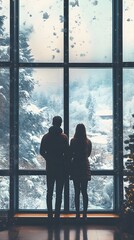 Fototapeta premium 68. A couple standing in front of a large window, gazing out at a soft, snowy landscape