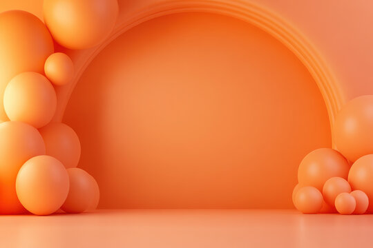 Modern orange birthday backdrop with spheres and copy space.