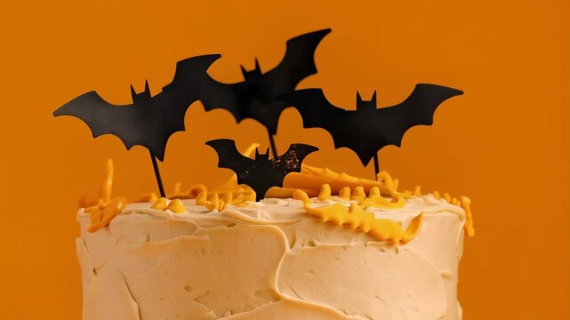 Cake with halloween decor on orange background